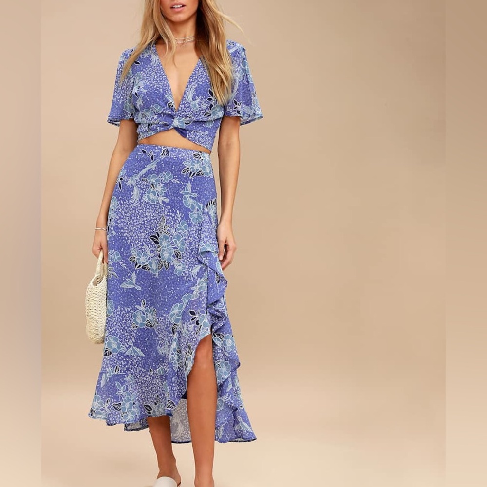 Lulu's VIEWS PERIWINKLE BLUE FLORAL PRINT TWO-PIECE MAXI DRESS